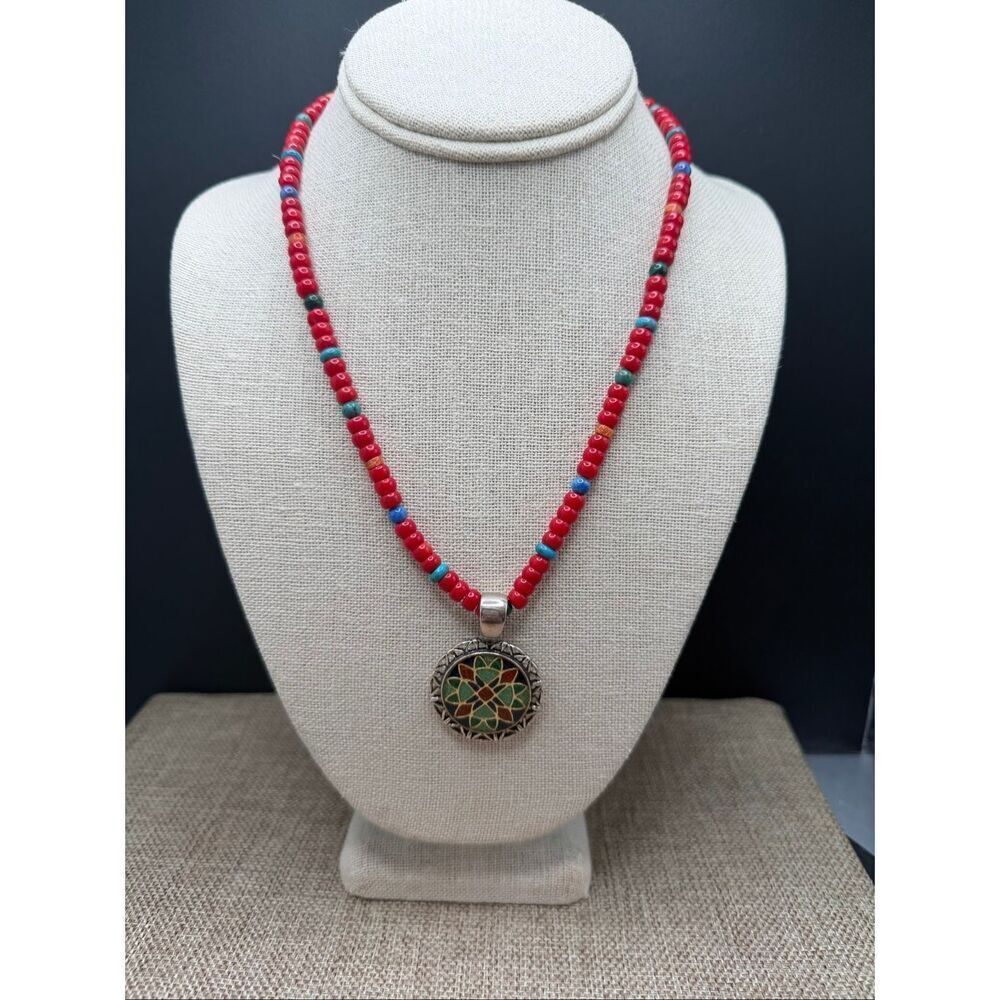 Sterling Silver Mosaic Pendant Necklace on Red Beaded Strand – Boho Artisan Styl